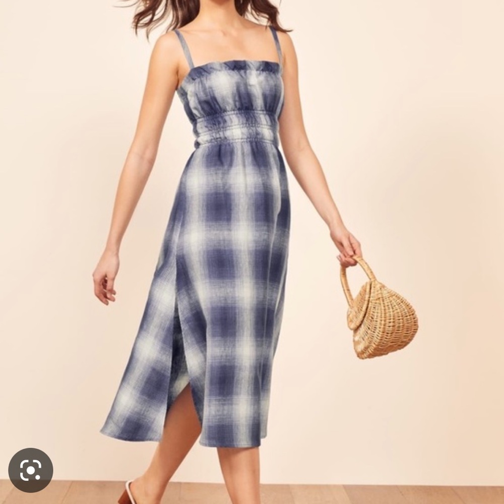 Reformation MIDI-Length blue plaid picnic dress